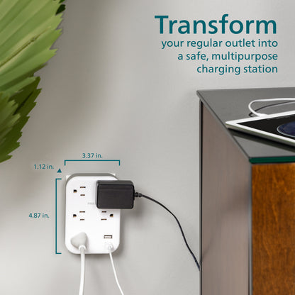 Philips EZFit 5-Outlet Extender Wall Tap with Surge Protection, Grounded Adapter, Charging Station, 3 Prong, 1 USB-A, 1 USB-C, 900J, White,