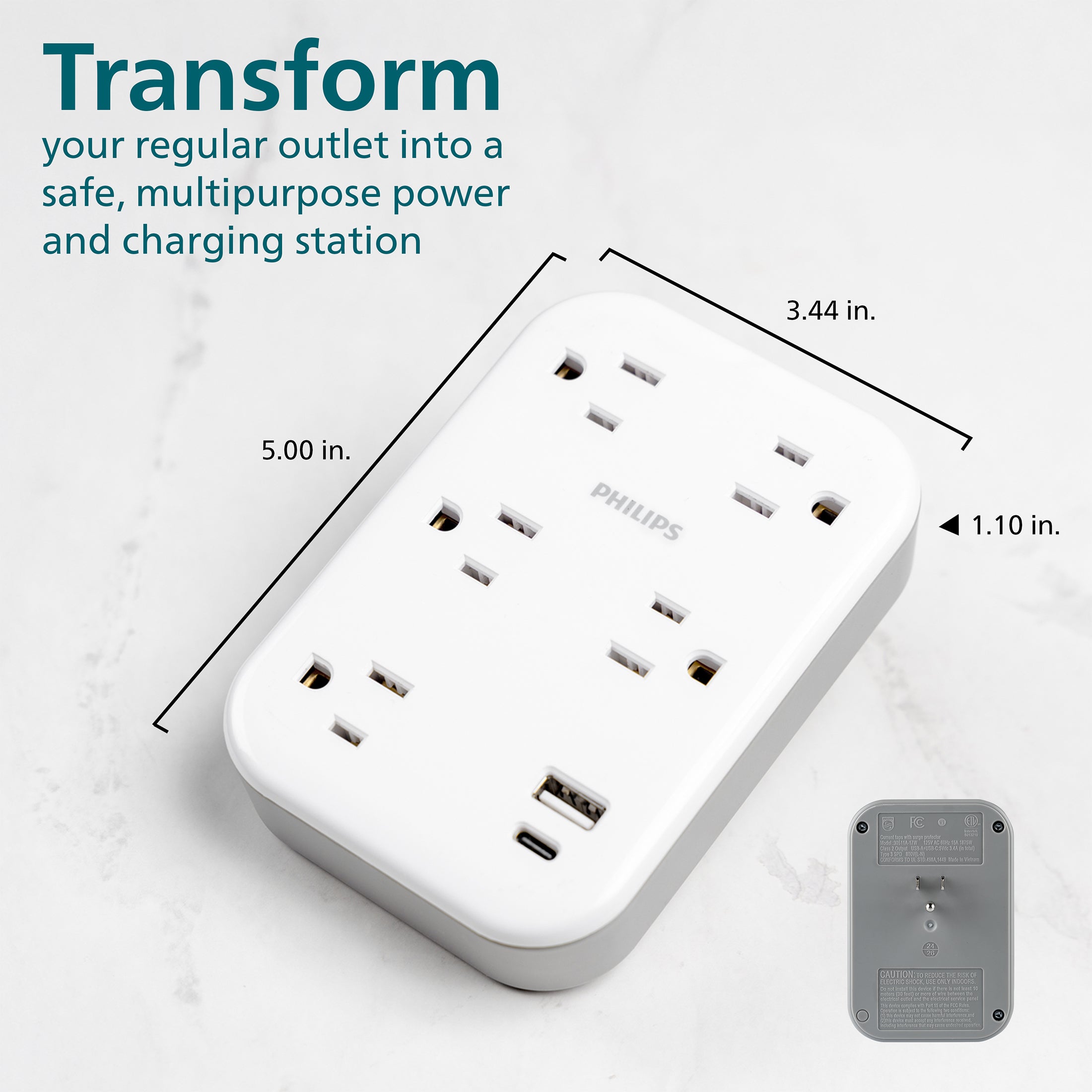 Philips EZFit 5-Outlet Extender Wall Tap with Surge Protection, Grounded Adapter, Charging Station, 3 Prong, 1 USB-A, 1 USB-C, 900J, White,