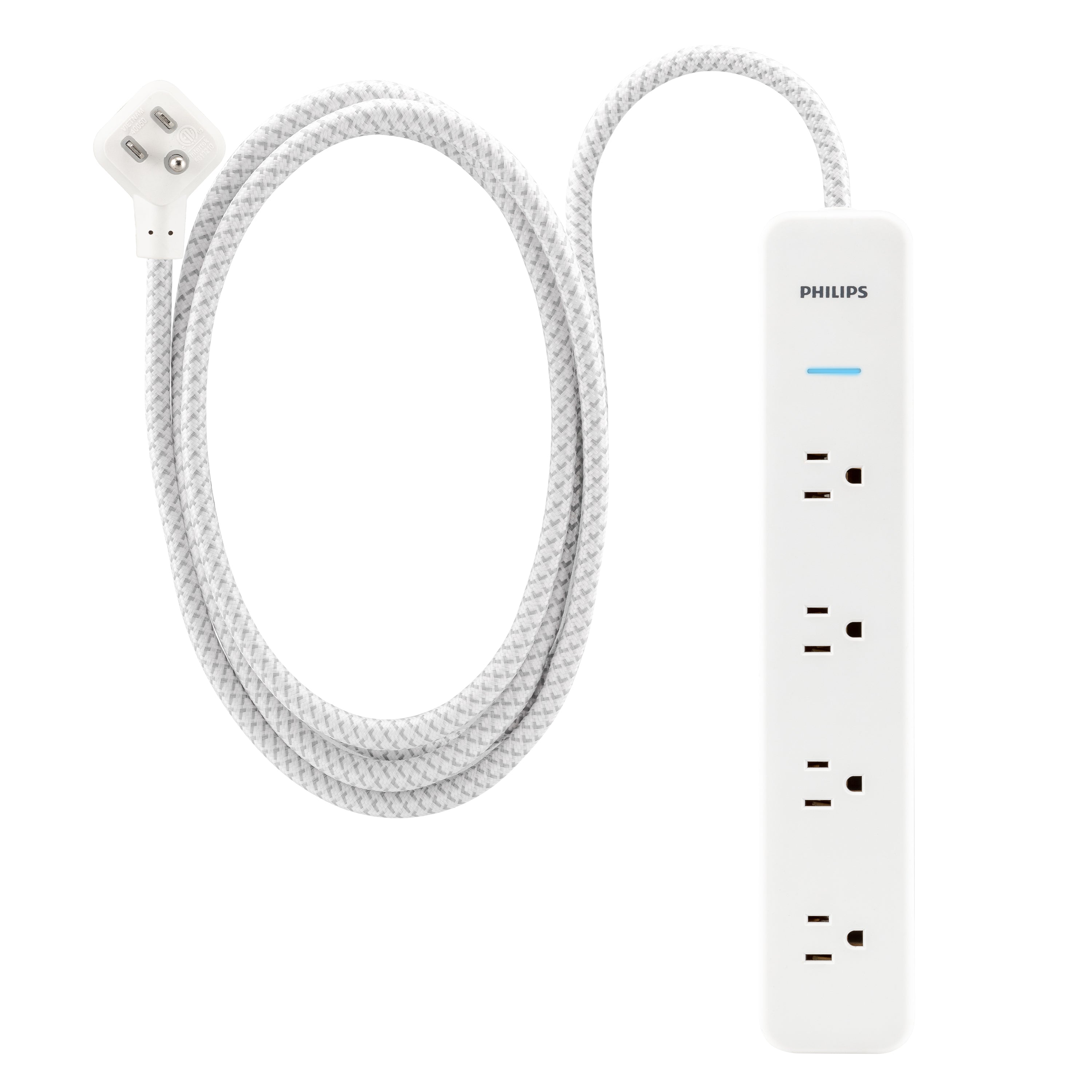 Philips 4-Outlet Surge Protector Power Strip, 4 Ft Braided Extension Cord, Multi Plug Outlet Extender, Adapter-Spaced, 450 Joules, White