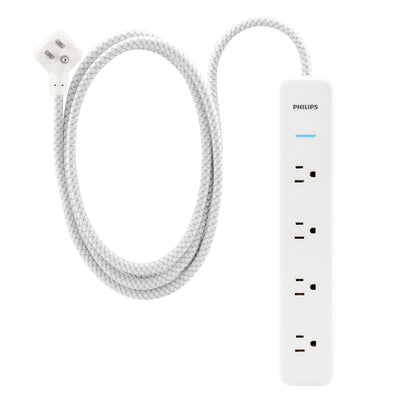 Philips 4-Outlet Surge Protector Power Strip, 4 Ft Braided Extension Cord, Multi Plug Outlet Extender, Adapter-Spaced, 450 Joules, White
