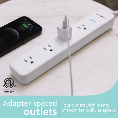 Philips 4-Outlet Surge Protector Power Strip, 4 Ft Braided Extension Cord, Multi Plug Outlet Extender, Adapter-Spaced, 450 Joules, White