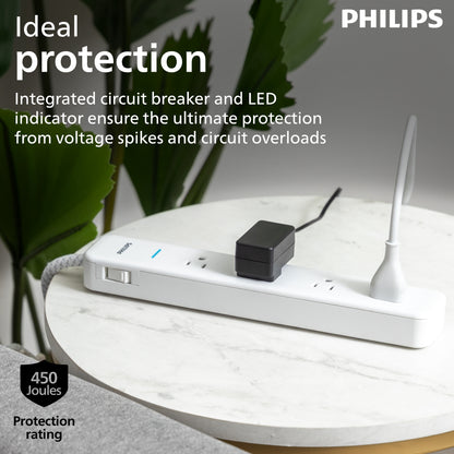 Philips 4-Outlet Surge Protector Power Strip, 4 Ft Braided Extension Cord, Multi Plug Outlet Extender, Adapter-Spaced, 450 Joules, White