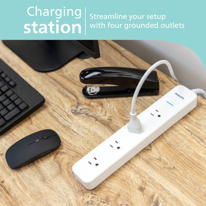 Philips 4-Outlet Surge Protector Power Strip, 4 Ft Braided Extension Cord, Multi Plug Outlet Extender, Adapter-Spaced, 450 Joules, White