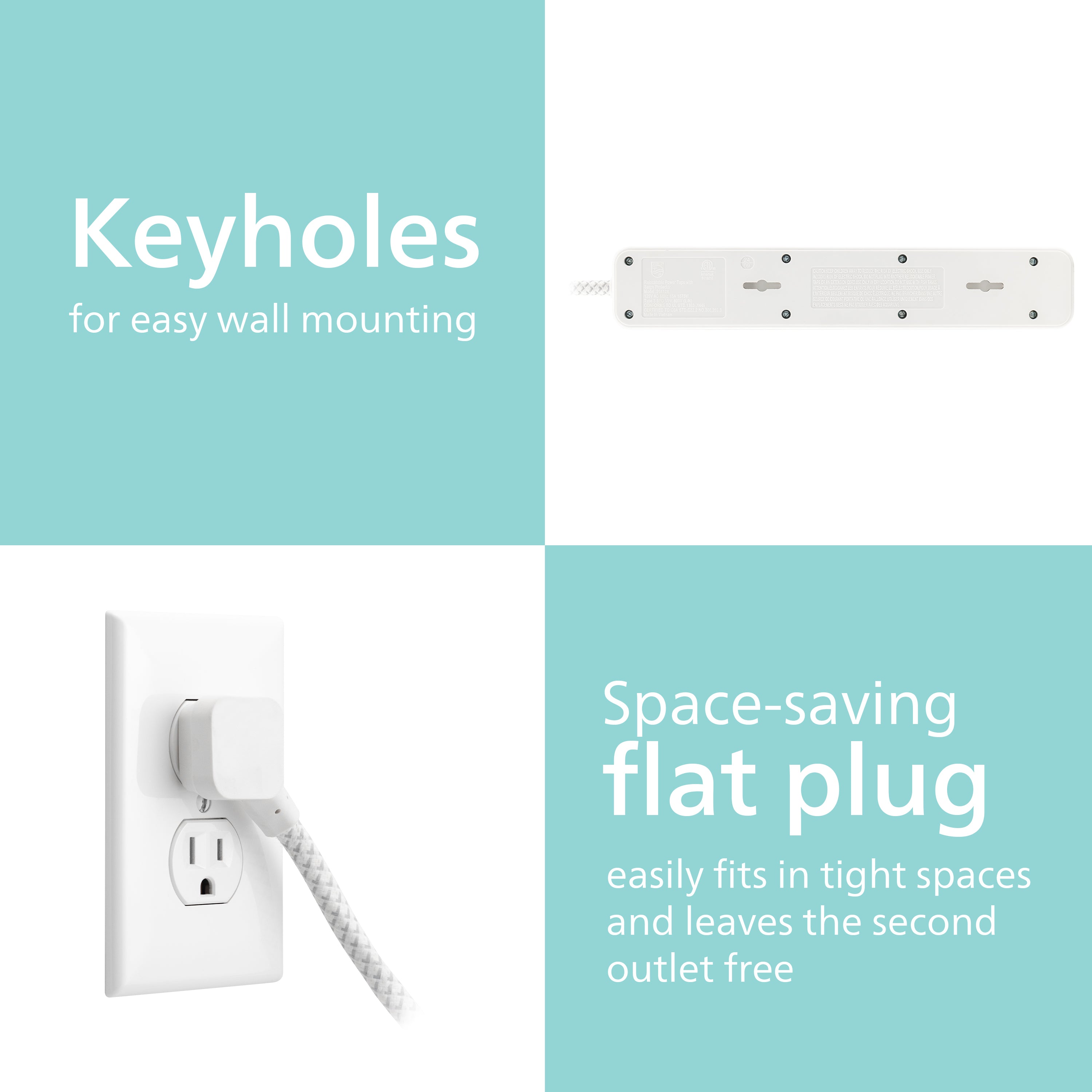 Philips 4-Outlet Surge Protector Power Strip, 4 Ft Braided Extension Cord, Multi Plug Outlet Extender, Adapter-Spaced, 450 Joules, White