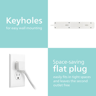 Philips 4-Outlet Surge Protector Power Strip, 4 Ft Braided Extension Cord, Multi Plug Outlet Extender, Adapter-Spaced, 450 Joules, White
