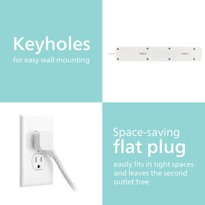 Philips 4-Outlet Surge Protector Power Strip, 4 Ft Braided Extension Cord, Multi Plug Outlet Extender, Adapter-Spaced, 450 Joules, White