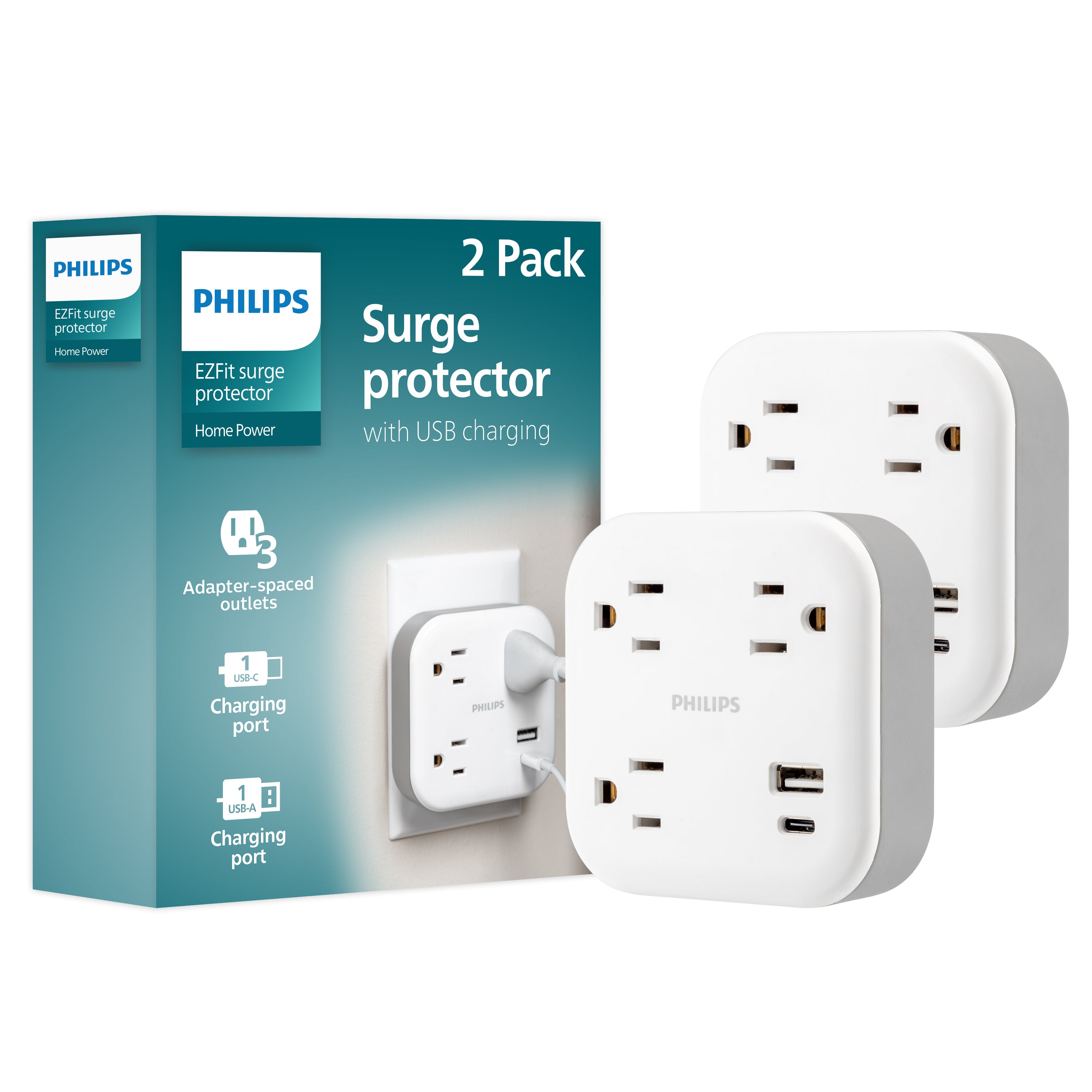 Philips EZFit 3-Outlet Surge Outlet Extender with USB, 1 USB-A, 1 Type-C, 2 Pack, White