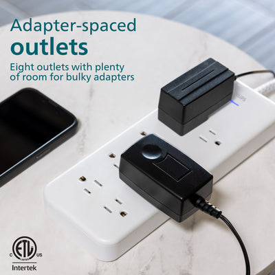 Philips Adapt 8-Outlet Surge Protector, 2160J, Adapter-Spaced, 8ft Braided Cord, White