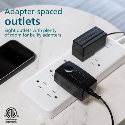 Philips Adapt 8-Outlet Surge Protector, 2160J, Adapter-Spaced, 8ft Braided Cord, White