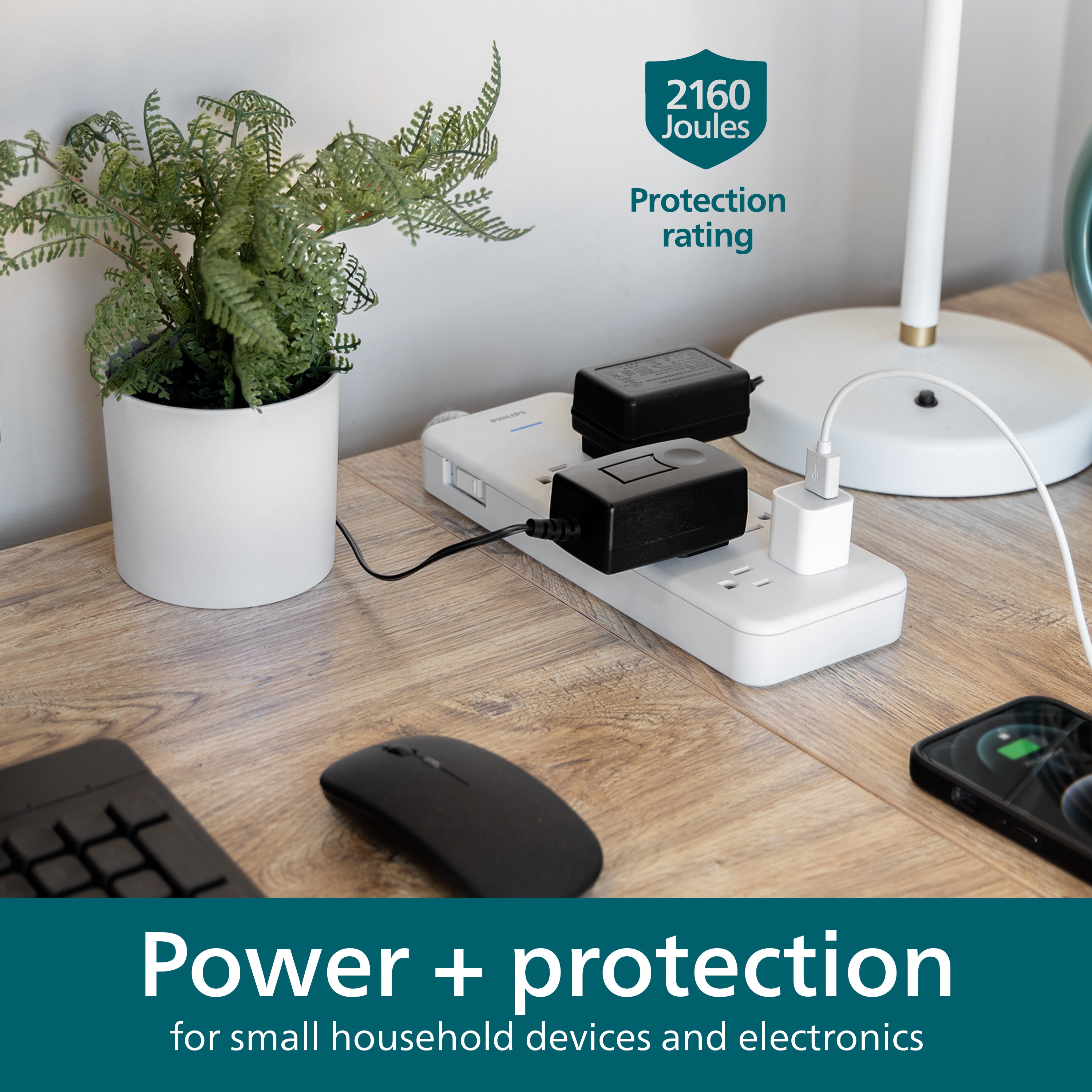 Philips Adapt 8-Outlet Surge Protector, 2160J, Adapter-Spaced, 8ft Braided Cord, White