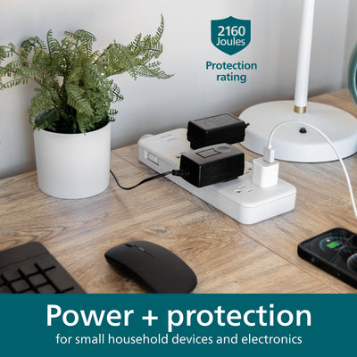 Philips Adapt 8-Outlet Surge Protector, 2160J, Adapter-Spaced, 8ft Braided Cord, White