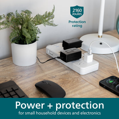 Philips Adapt 8-Outlet Surge Protector, 2160J, Adapter-Spaced, 8ft Braided Cord, White
