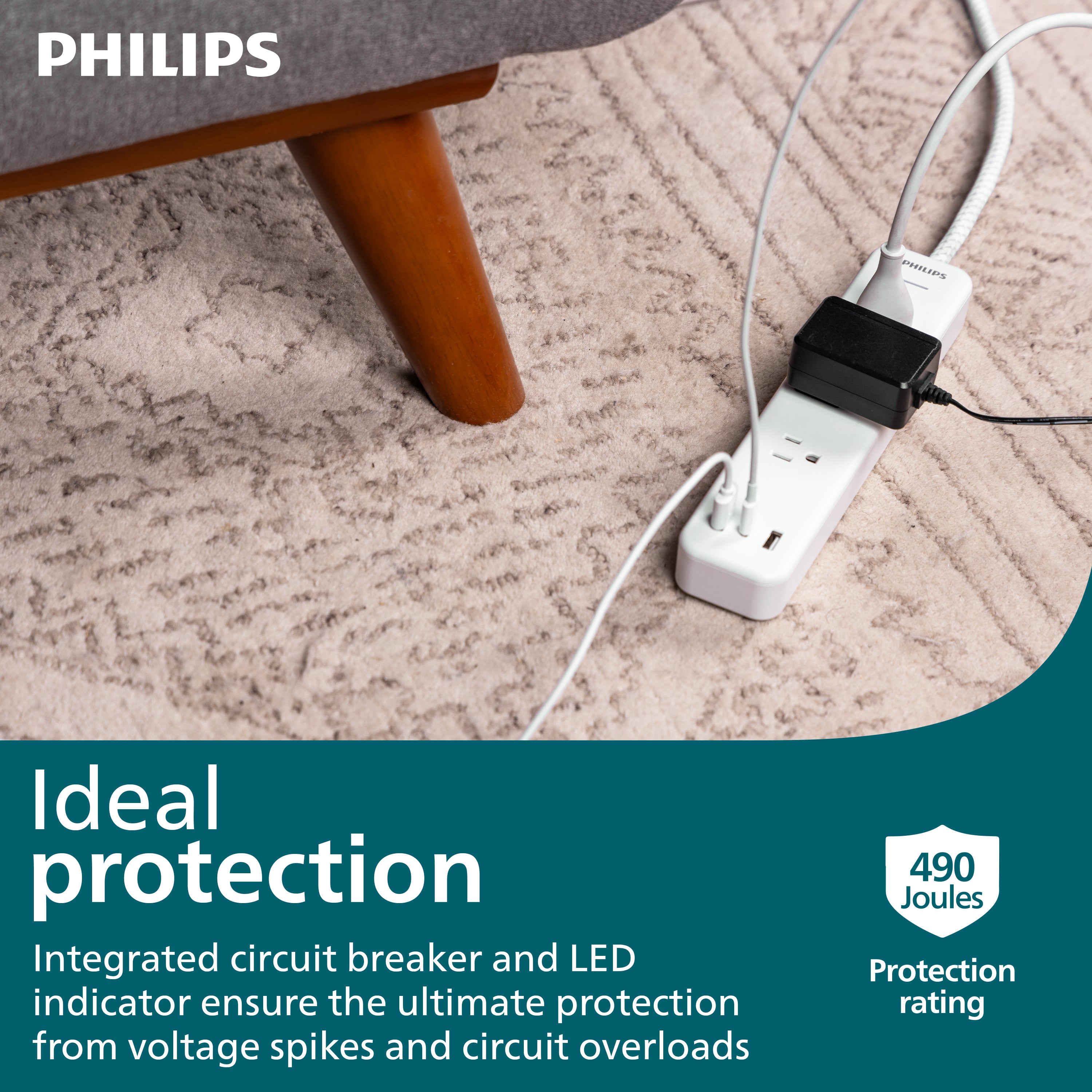 Philips EZFit 3-Outlet Surge Protector with 2A/1C, 490J, Adapter-Spaced, 6ft Braided Cord, White