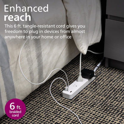 Philips EZFit 3-Outlet Surge Protector with 2A/1C, 490J, Adapter-Spaced, 6ft Braided Cord, White