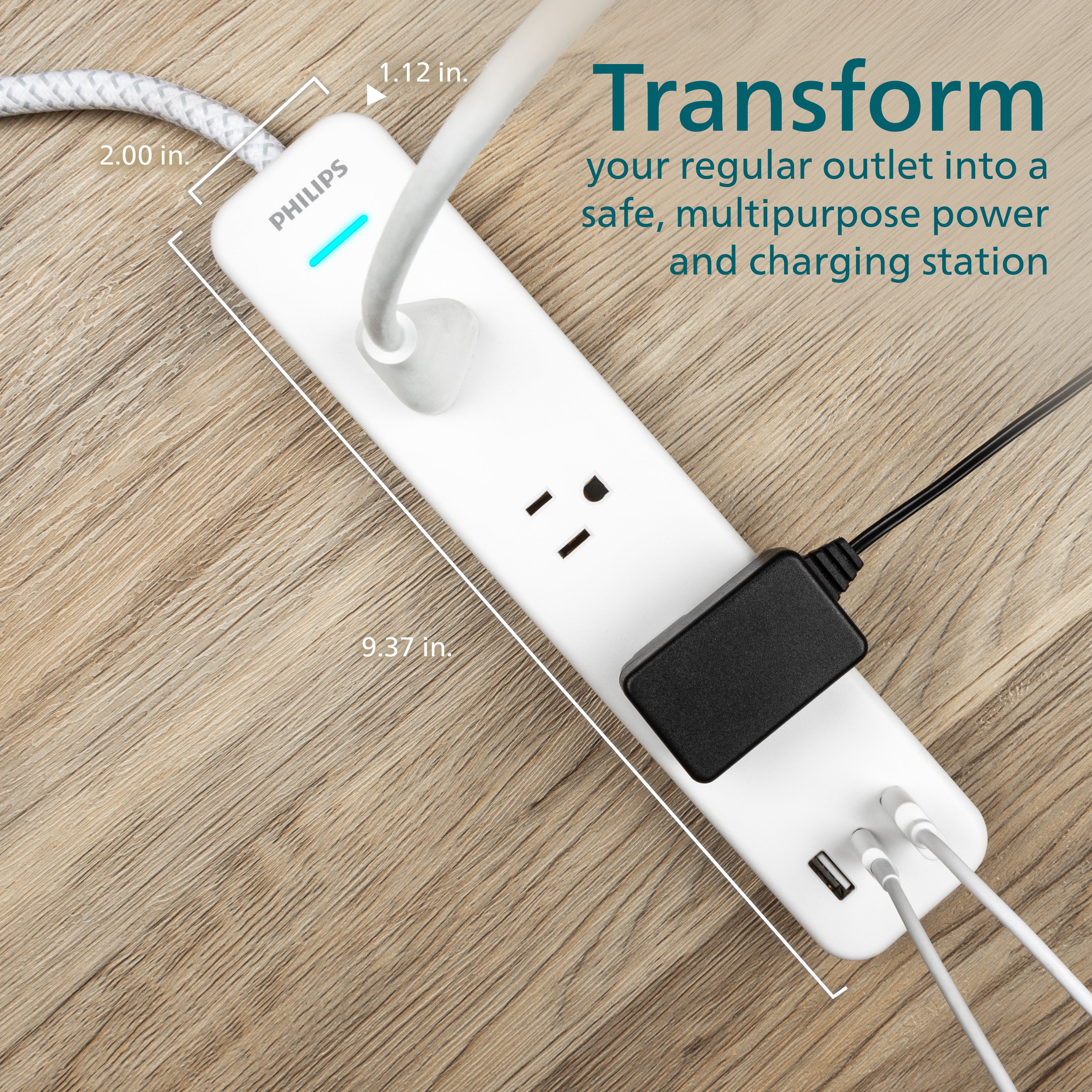 Philips EZFit 3-Outlet Surge Protector with 2A/1C, 490J, Adapter-Spaced, 6ft Braided Cord, White