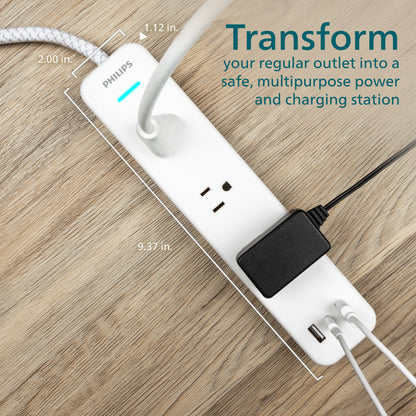 Philips EZFit 3-Outlet Surge Protector with 2A/1C, 490J, Adapter-Spaced, 6ft Braided Cord, White