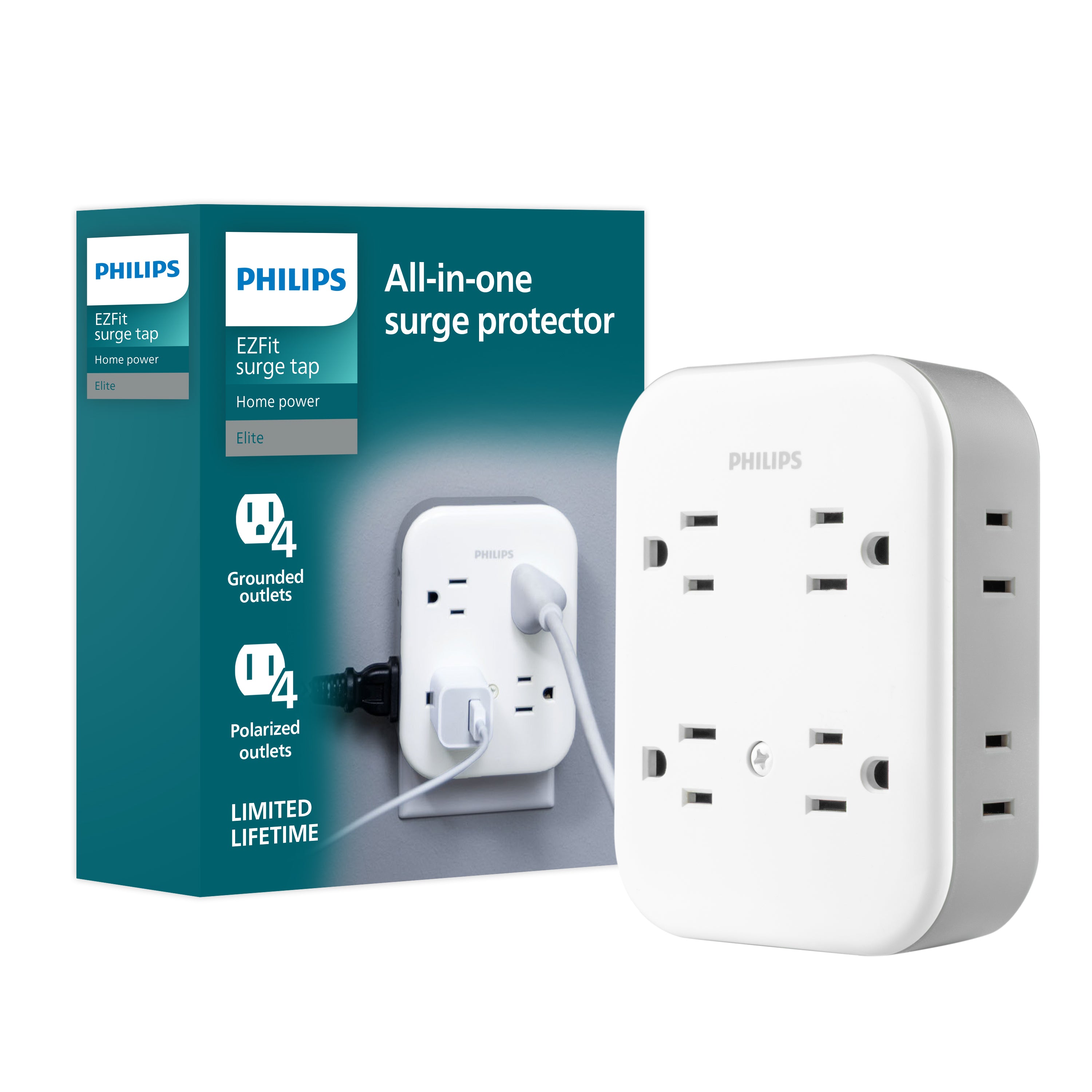 Philips All-in-One 4 Grounded plus 4 Polarized Outlet Surge Tap, 1140J, white/gray