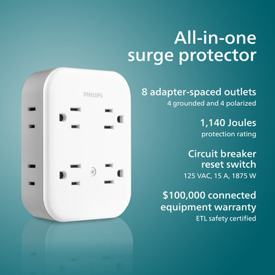 Philips All-in-One 4 Grounded plus 4 Polarized Outlet Surge Tap, 1140J, white/gray