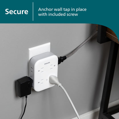Philips All-in-One 4 Grounded plus 4 Polarized Outlet Surge Tap, 1140J, white/gray