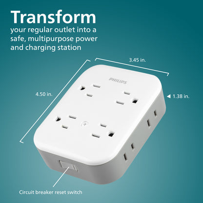 Philips All-in-One 4 Grounded plus 4 Polarized Outlet Surge Tap, 1140J, white/gray