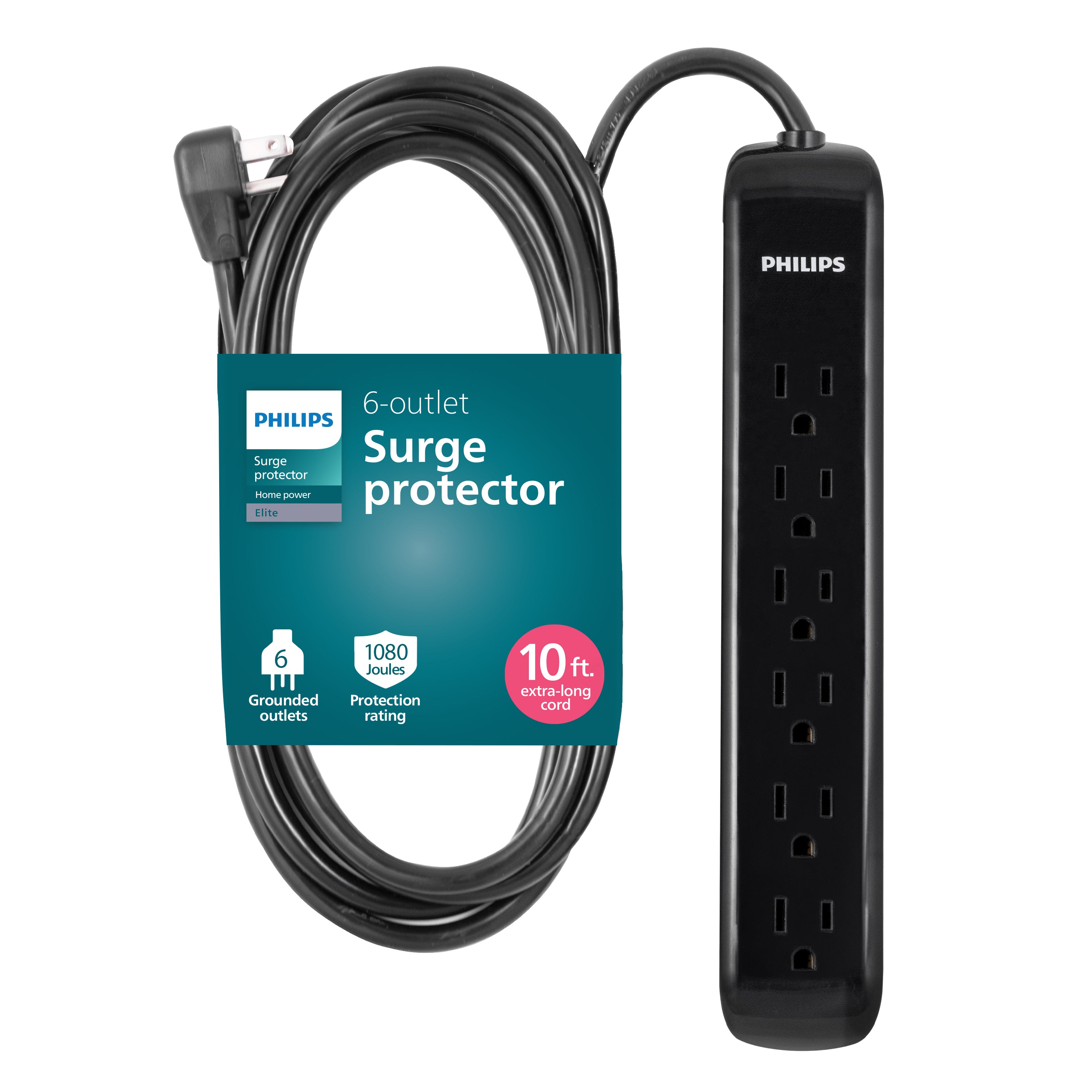 Philips 6-Outlet Surge Protector, 1080J, 10ft. Cord, Black