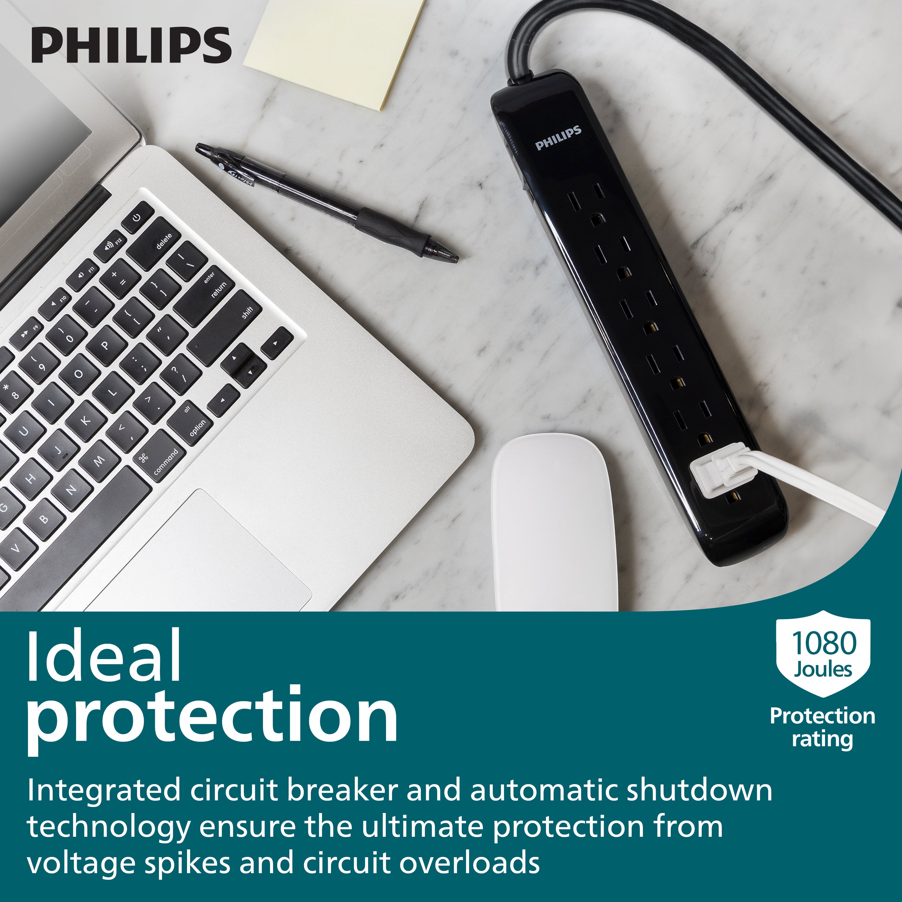 Philips 6-Outlet Surge Protector, 1080J, 10ft. Cord, Black