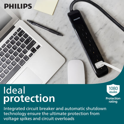 Philips 6-Outlet Surge Protector, 1080J, 10ft. Cord, Black