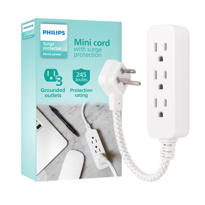 Philips 1 Ft Indoor Extension Cord with Surge Protection, 3-Outlet, Flat Plug, White