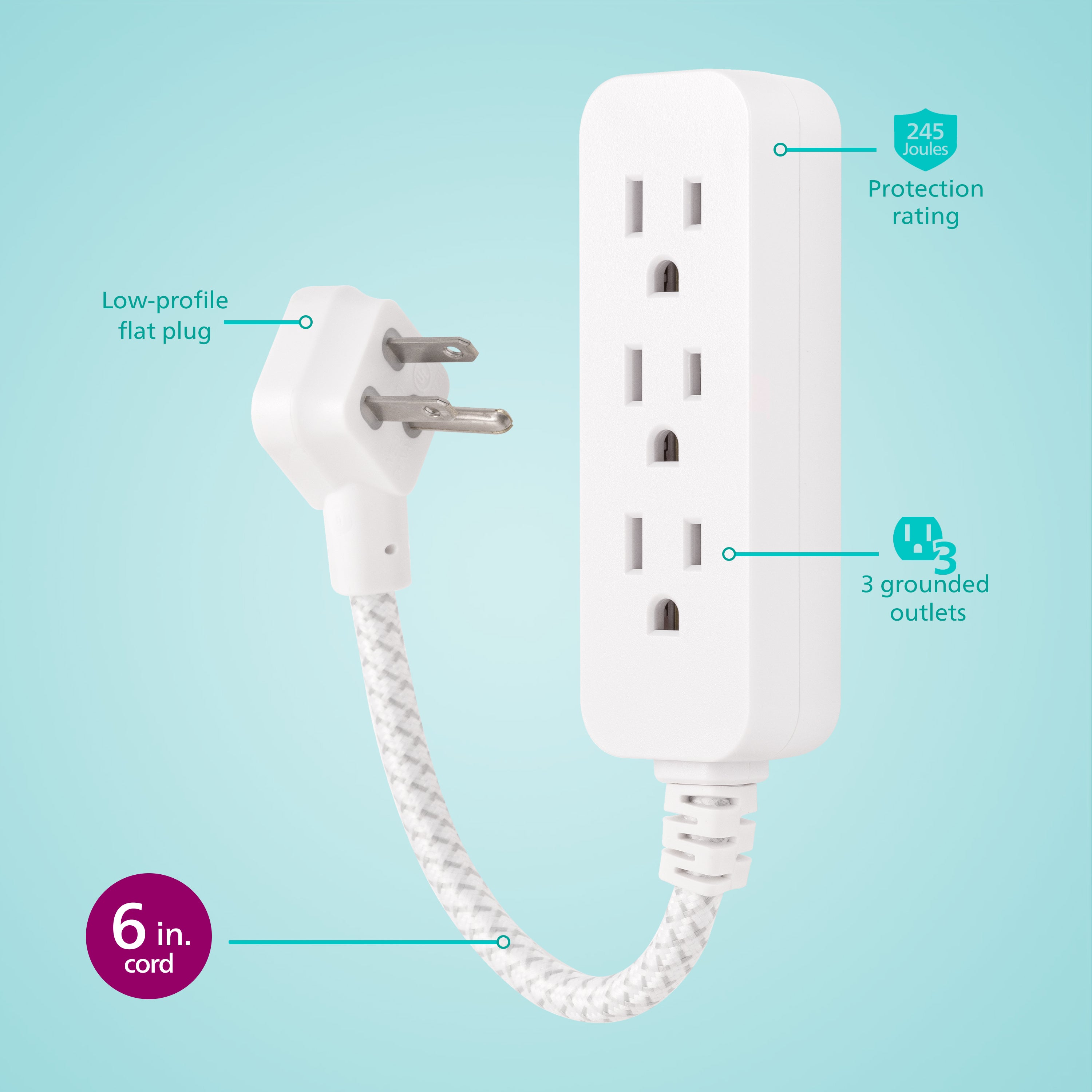 Philips 1 Ft Indoor Extension Cord with Surge Protection, 3-Outlet, Flat Plug, White