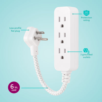 Philips 1 Ft Indoor Extension Cord with Surge Protection, 3-Outlet, Flat Plug, White