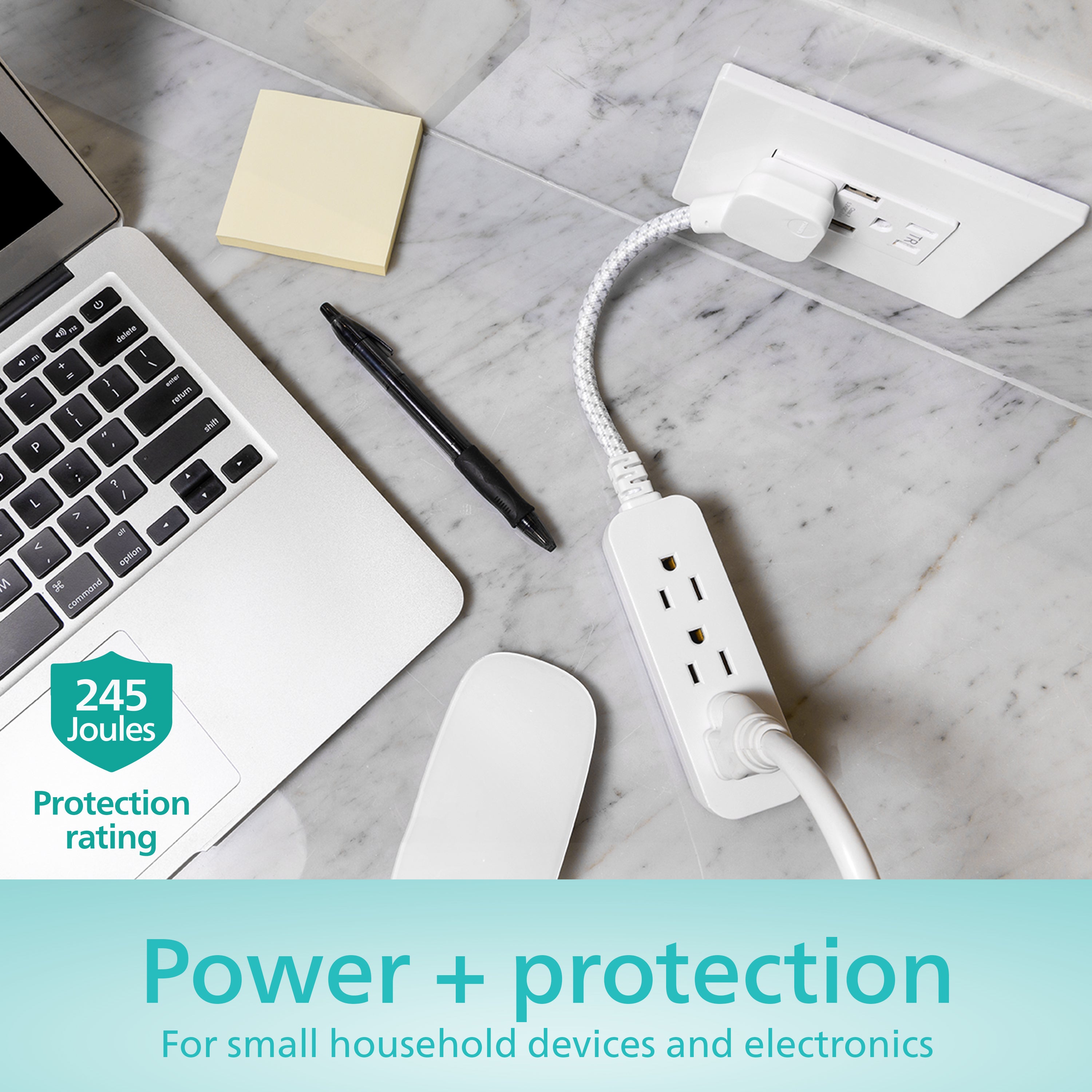 Philips 1 Ft Indoor Extension Cord with Surge Protection, 3-Outlet, Flat Plug, White