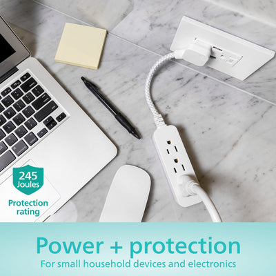 Philips 1 Ft Indoor Extension Cord with Surge Protection, 3-Outlet, Flat Plug, White