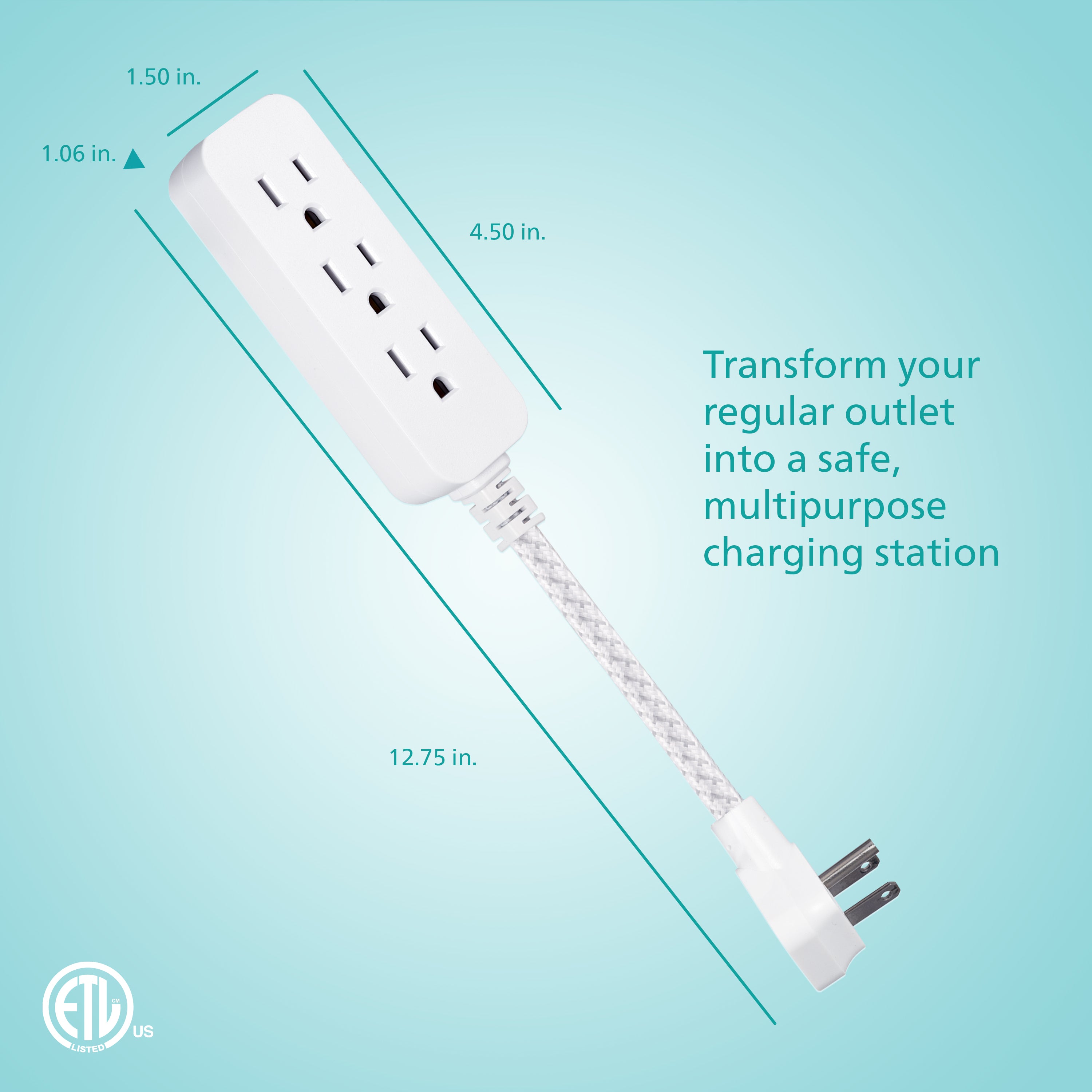 Philips 1 Ft Indoor Extension Cord with Surge Protection, 3-Outlet, Flat Plug, White