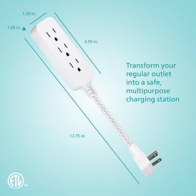 Philips 1 Ft Indoor Extension Cord with Surge Protection, 3-Outlet, Flat Plug, White