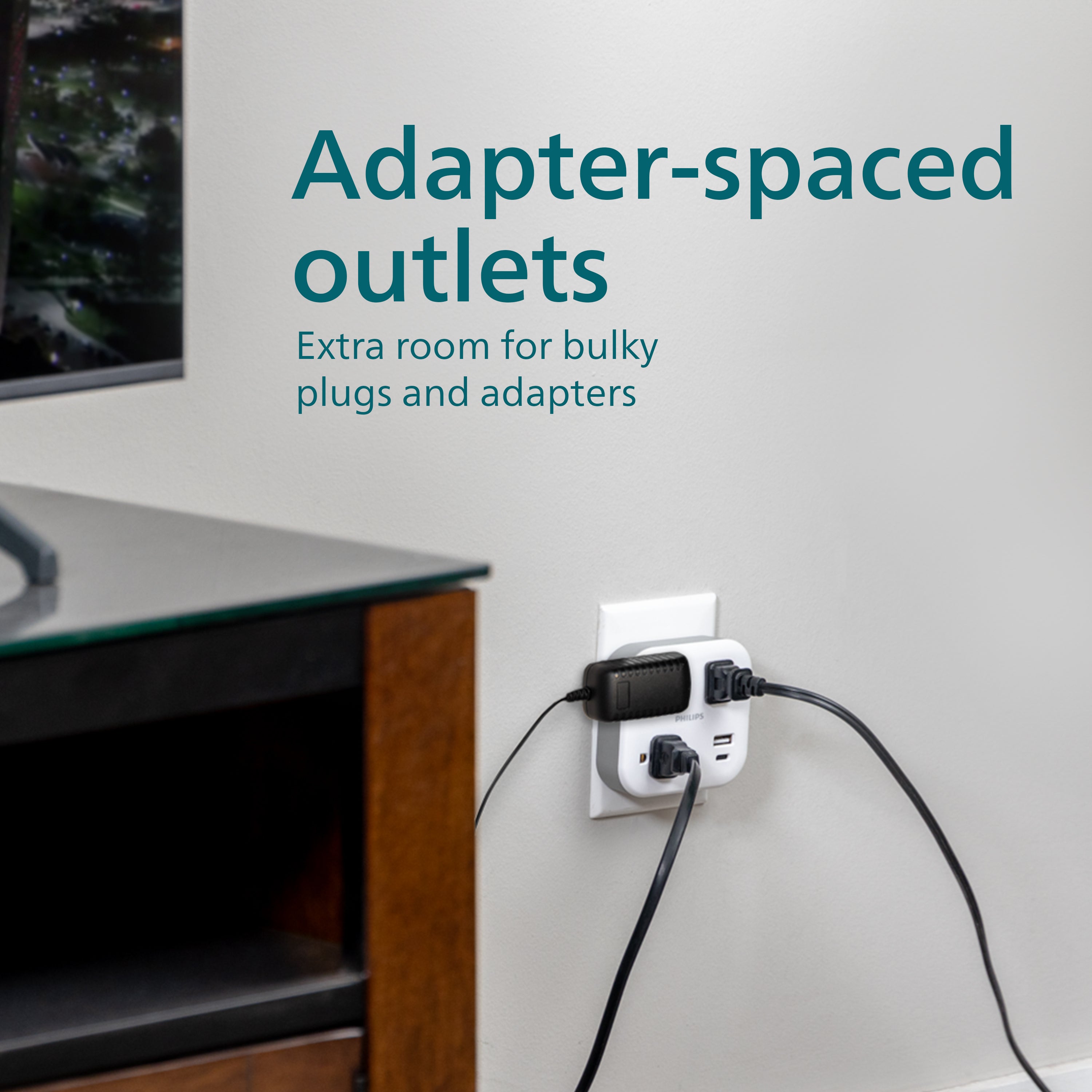 Philips EZFit 3-Outlet Surge Outlet Extender with USB, 1 USB-A, 1 Type-C, 2 Pack, White