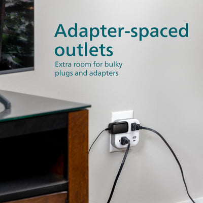 Philips EZFit 3-Outlet Surge Outlet Extender with USB, 1 USB-A, 1 Type-C, 2 Pack, White