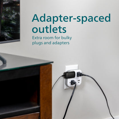 Philips EZFit 3-Outlet Surge Outlet Extender with USB, 1 USB-A, 1 Type-C, 2 Pack, White
