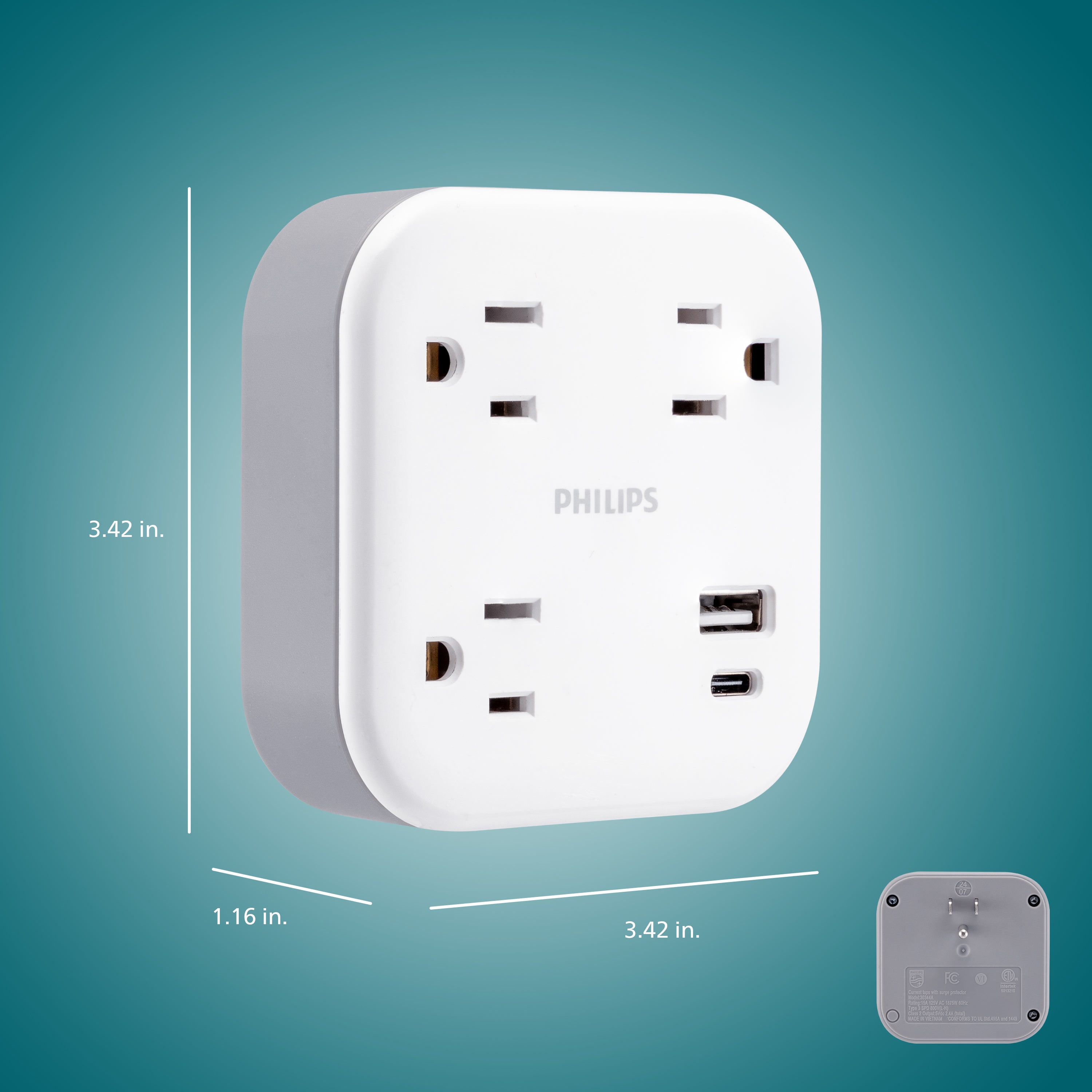 Philips EZFit 3-Outlet Surge Outlet Extender with USB, 1 USB-A, 1 Type-C, 2 Pack, White