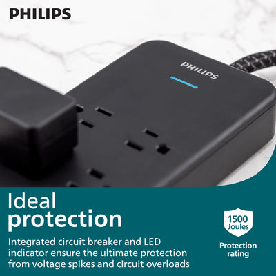 Philips 7-Outlet Surge Protector with USB Charging, 1USB-A, 1USB-C, 1500J, Adapter Spaced, 4ft Braided Cord, Black