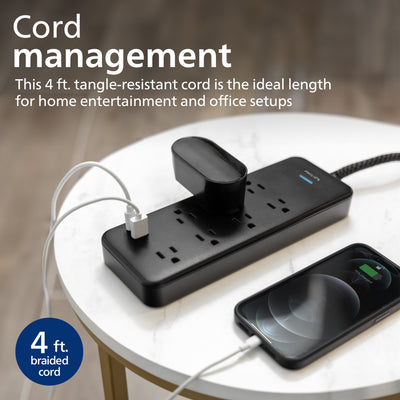 Philips 7-Outlet Surge Protector with USB Charging, 1USB-A, 1USB-C, 1500J, Adapter Spaced, 4ft Braided Cord, Black
