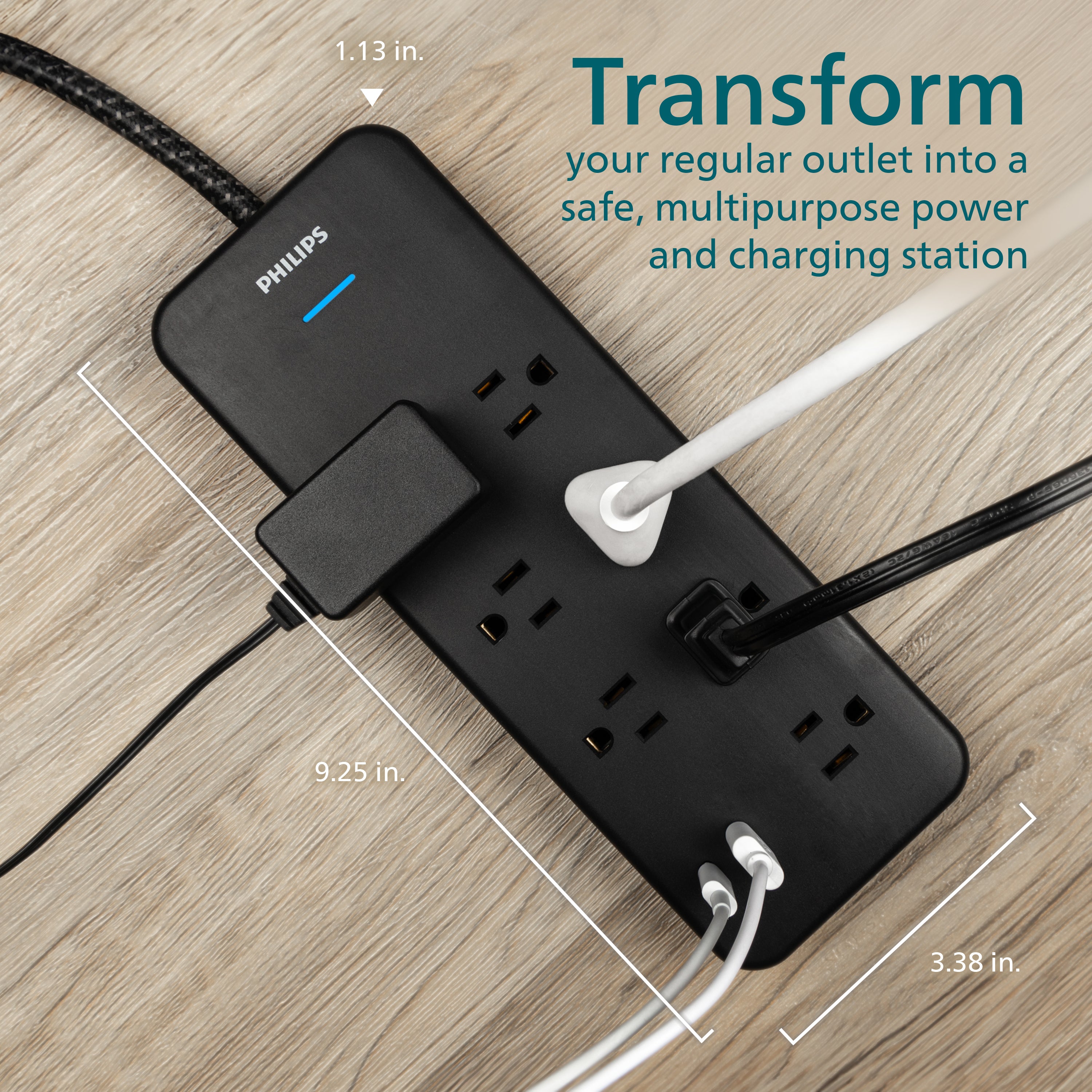 Philips 7-Outlet Surge Protector with USB Charging, 1USB-A, 1USB-C, 1500J, Adapter Spaced, 4ft Braided Cord, Black