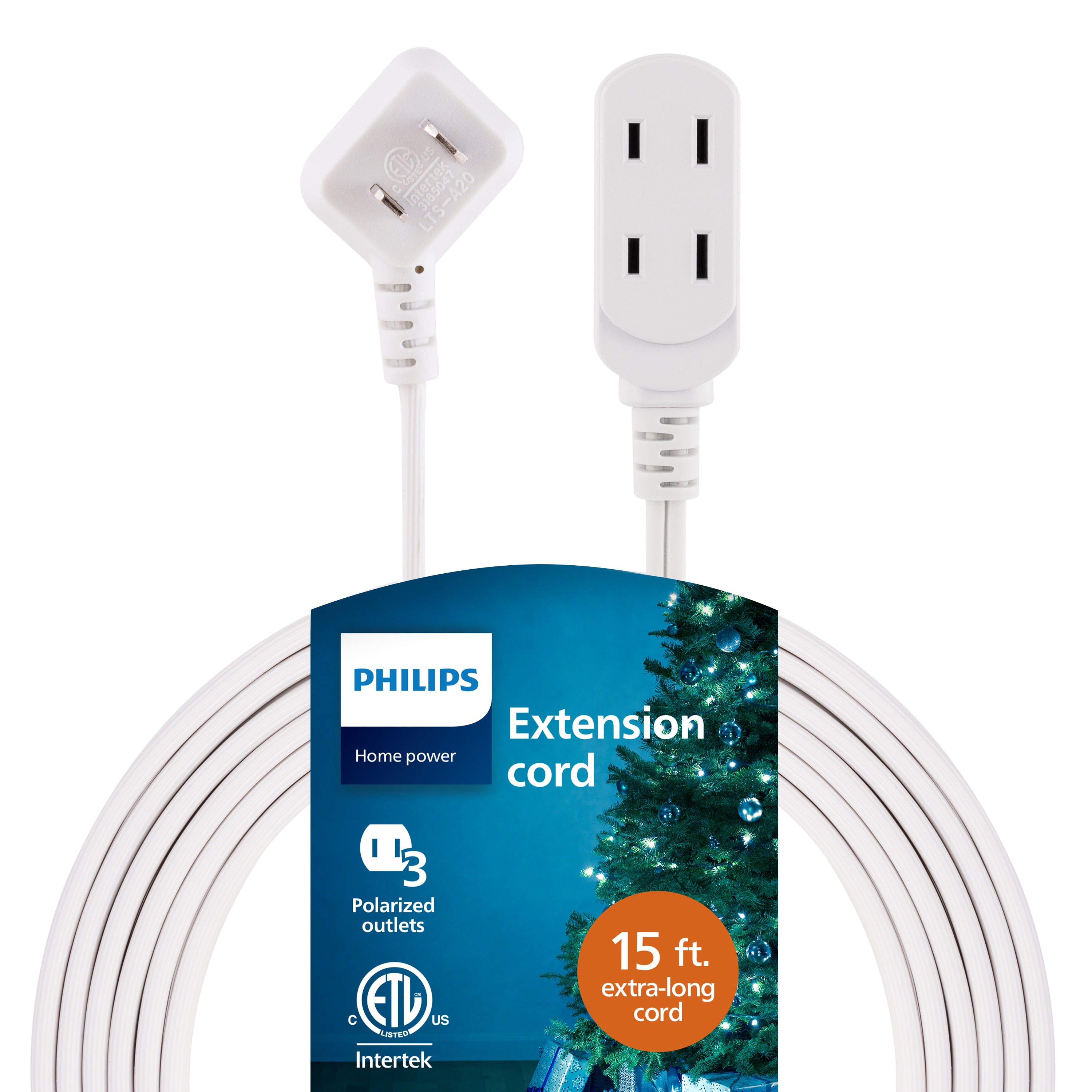 Philips 3-Outlet Polarized Extension Cord, 15ft., White