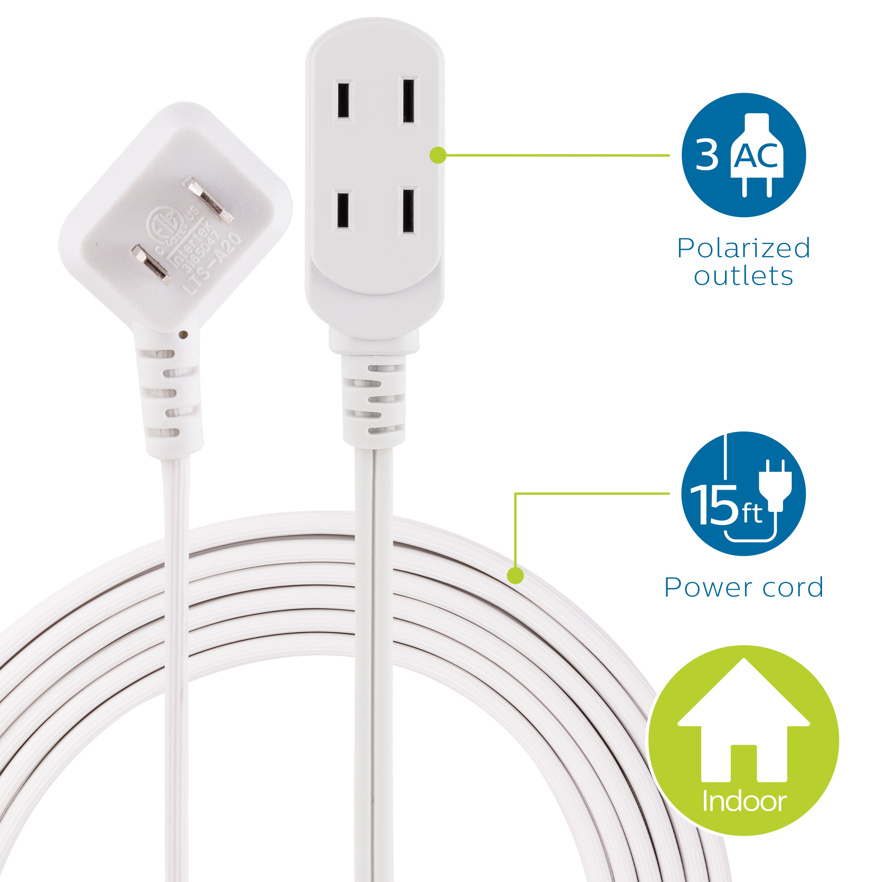 Philips 3-Outlet Polarized Extension Cord, 15ft., White