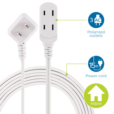 Philips 3-Outlet Polarized Extension Cord, 15ft., White