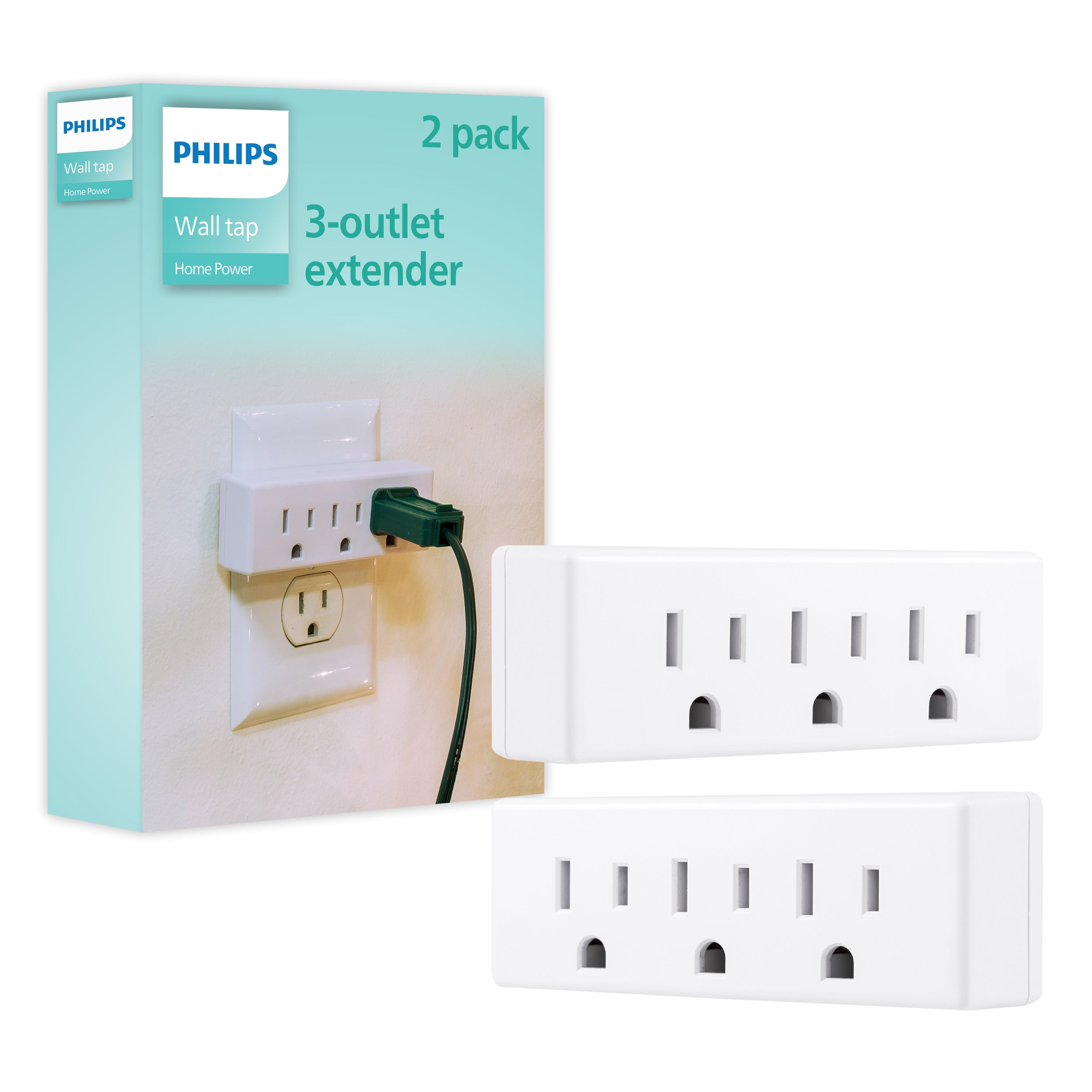 Philips Grounded 3-Outlet Tap, White, 2pk