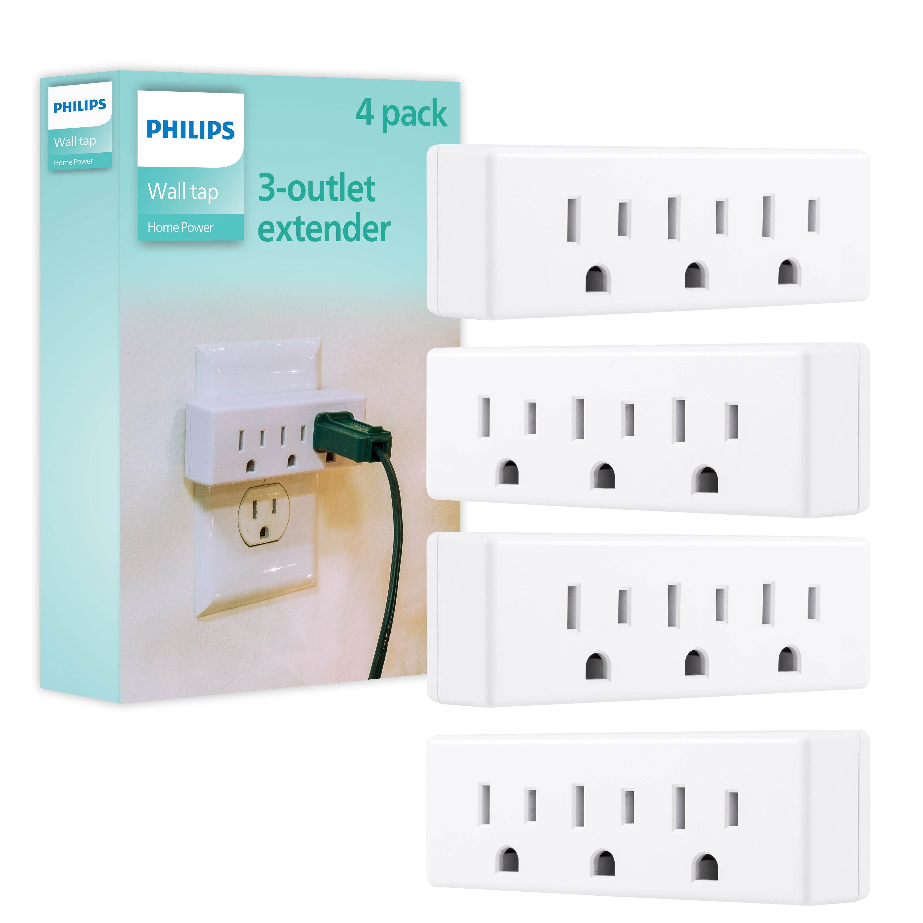 Philips Grounded 3-Outlet Tap, White, 4pk