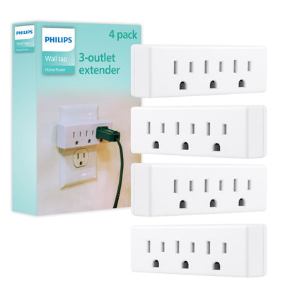 Philips Grounded 3-Outlet Tap, White, 4pk
