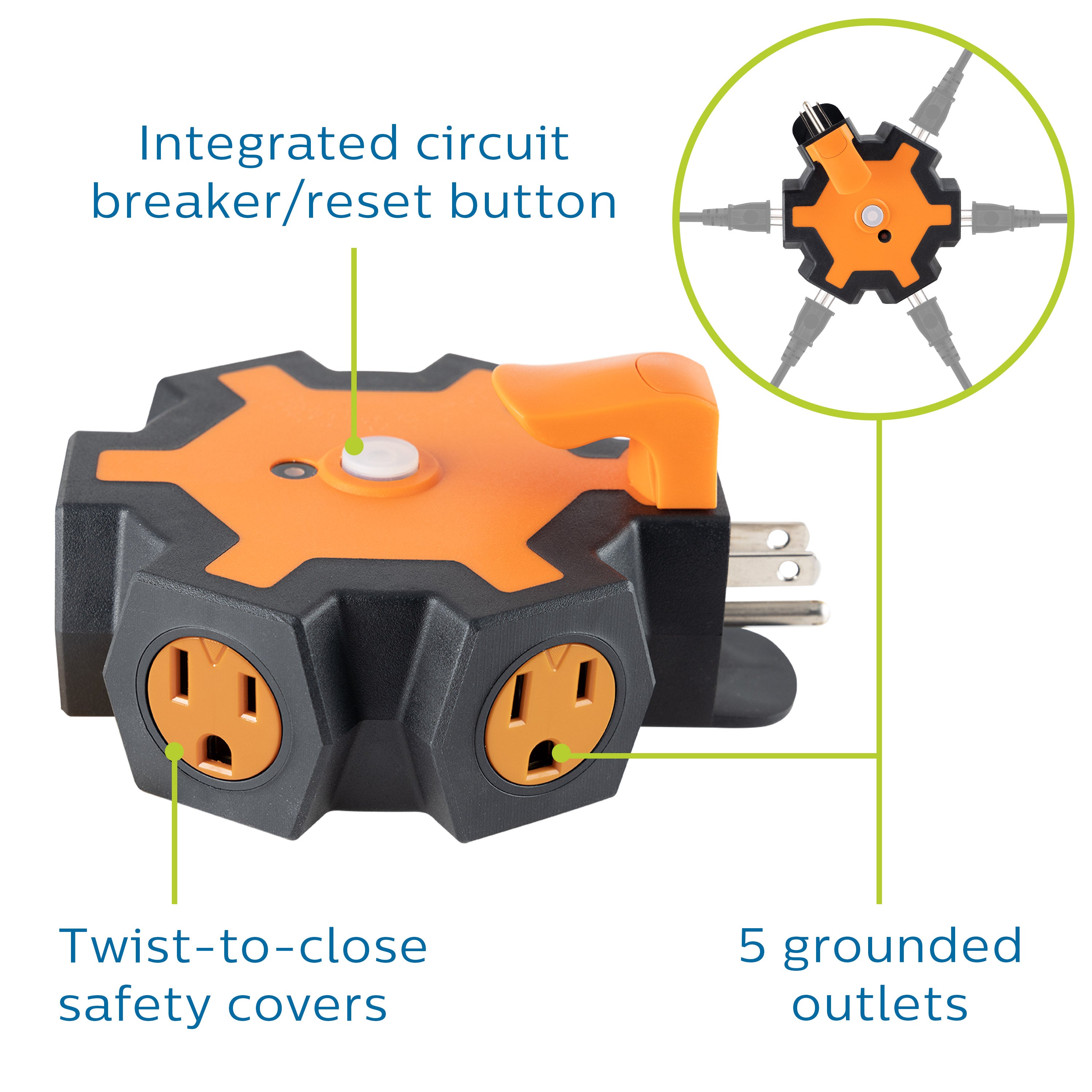 Philips Heavy Duty 5-Outlet Grounded Outdoor Tap with Power Indicator Light and Hook, Orange