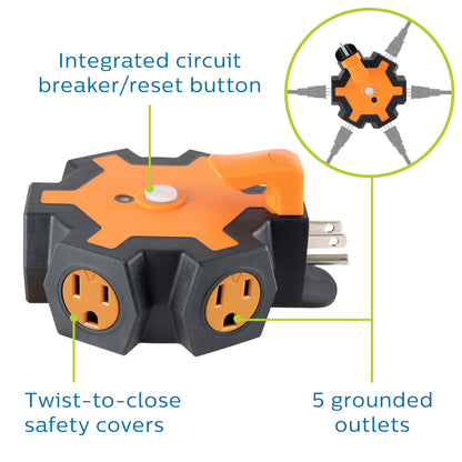 Philips Heavy Duty 5-Outlet Grounded Outdoor Tap with Power Indicator Light and Hook, Orange