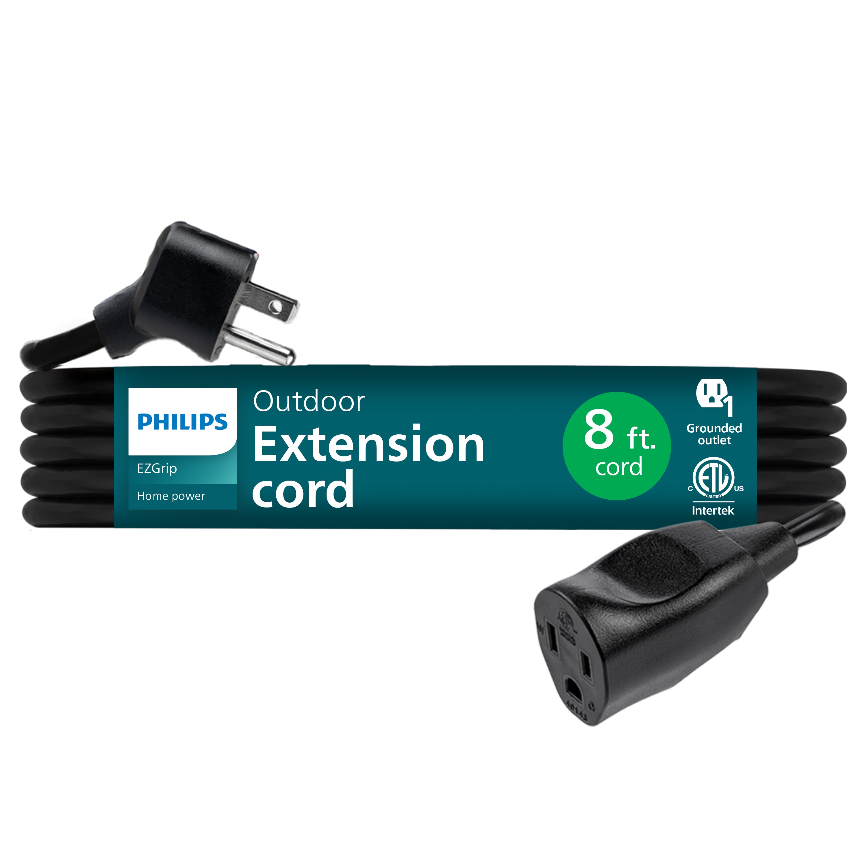 Philips EZGrip 1-Outlet Outdoor Extension Cord, 8 Ft, Black